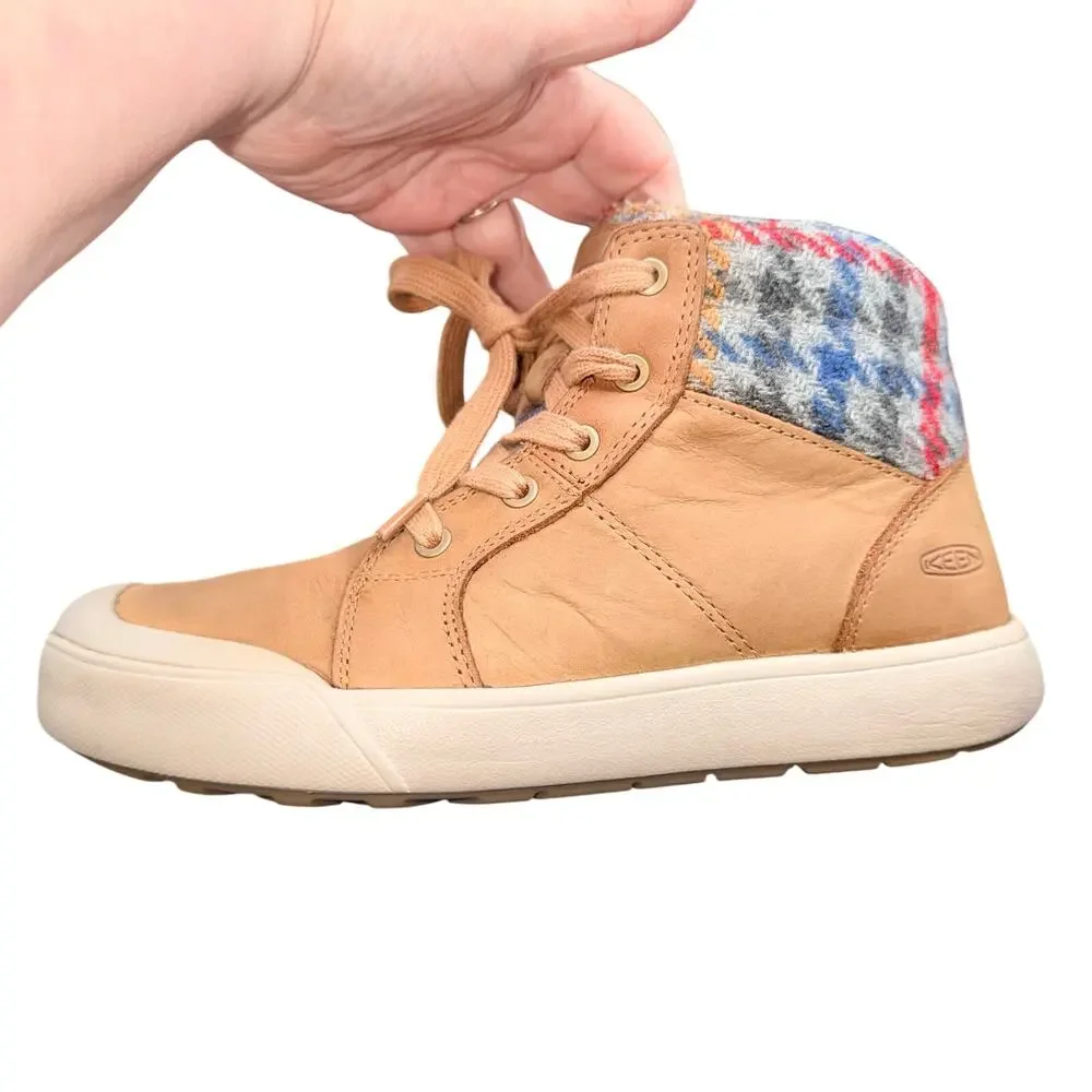 KEEN Elsa II Sneaker Boot Womens 8 Tan Leather Plaid Wool Insulated